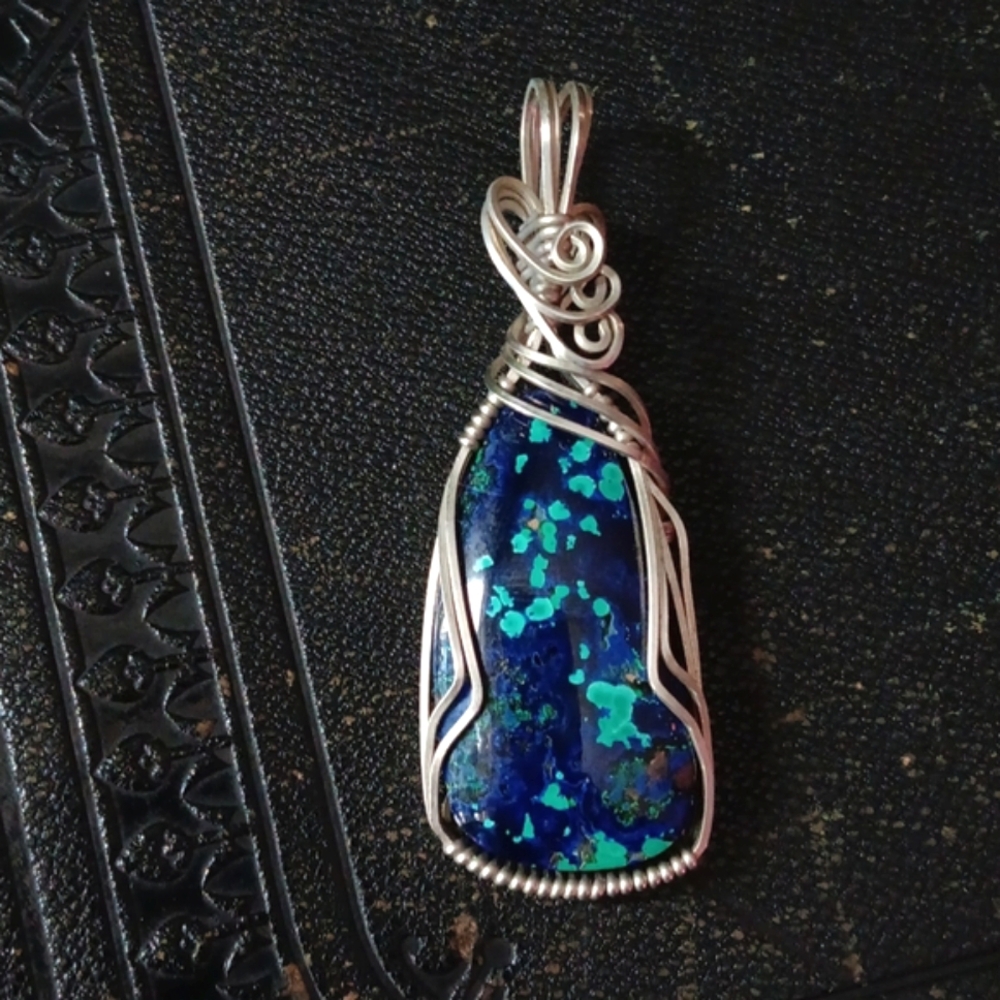 Azurite Chrysocolla Pendant - Blue Silver Turquoise Wire Wrapped Mermaid Jewelry